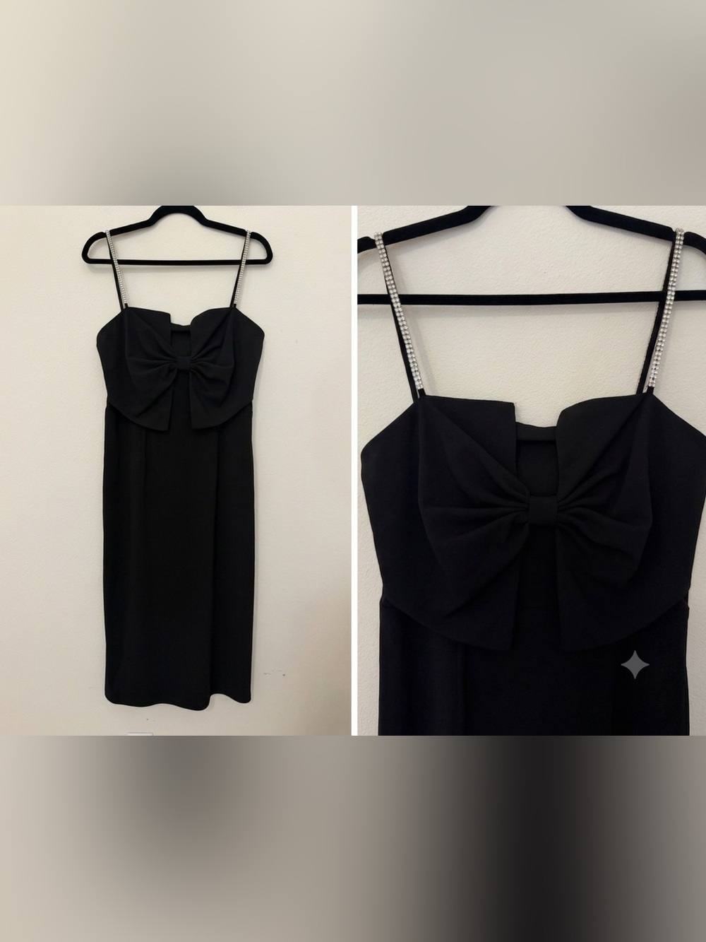 Avec Les Filles Black Cocktail Dress Size 10 Rhinestone Straps Bow Front Wedding